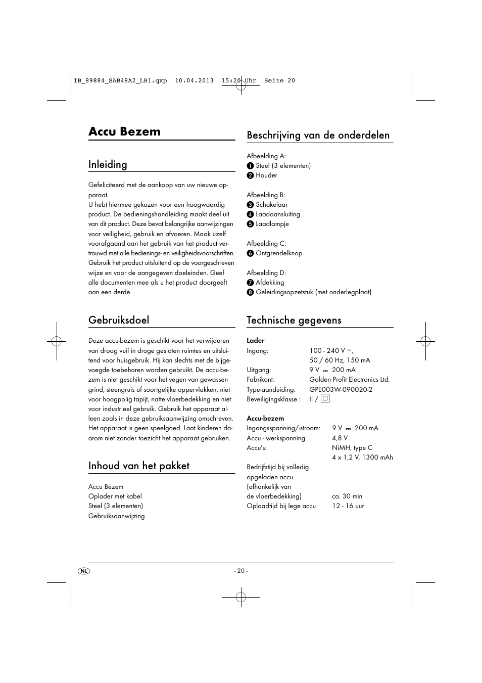 Accu bezem, Inleiding, Gebruiksdoel | Inhoud van het pakket, Beschrijving van de onderdelen, Technische gegevens | Silvercrest SAB 4.8 A2 User Manual | Page 23 / 33
