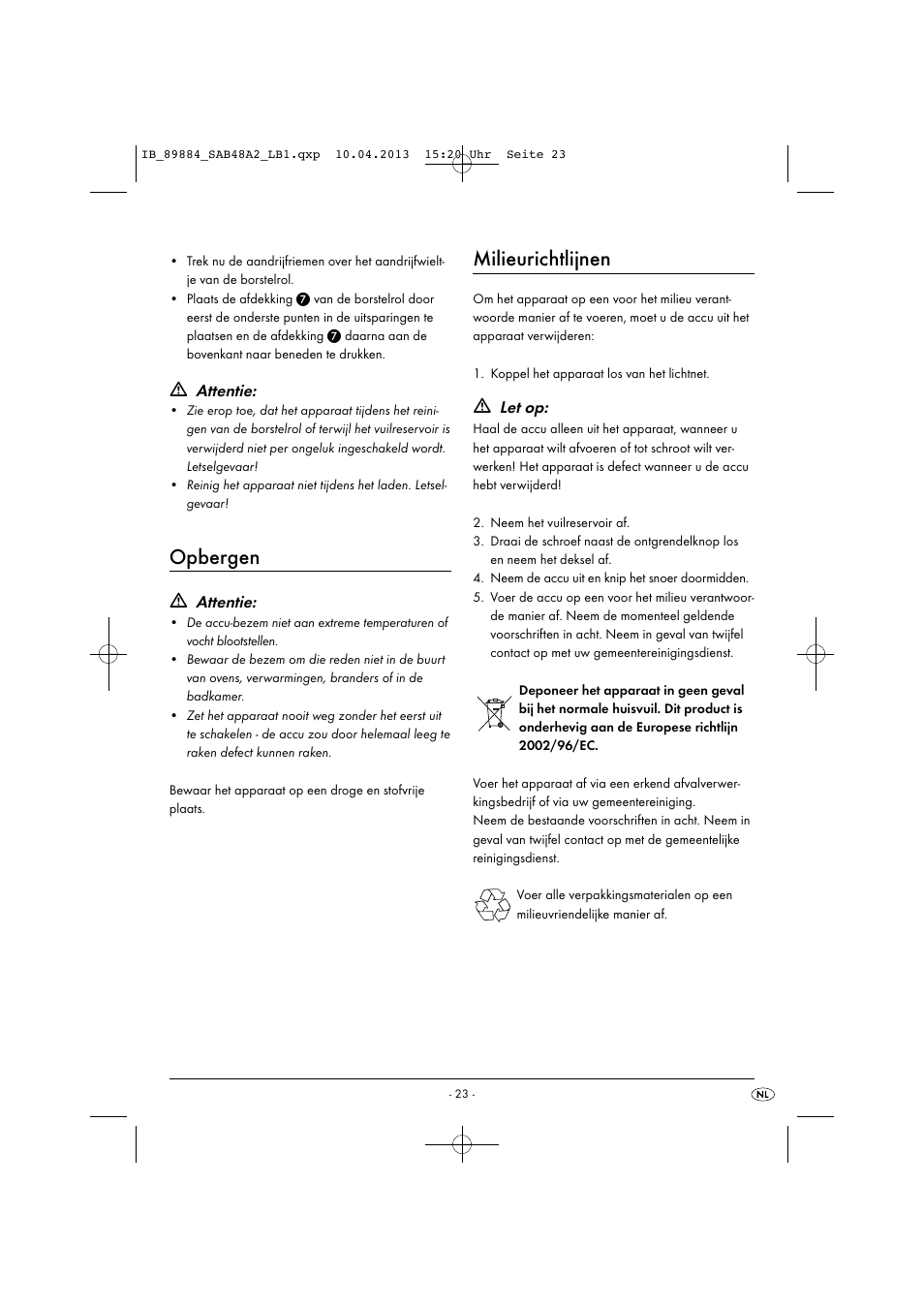Opbergen, Milieurichtlijnen, Attentie | Let op | Silvercrest SAB 4.8 A2 User Manual | Page 26 / 33