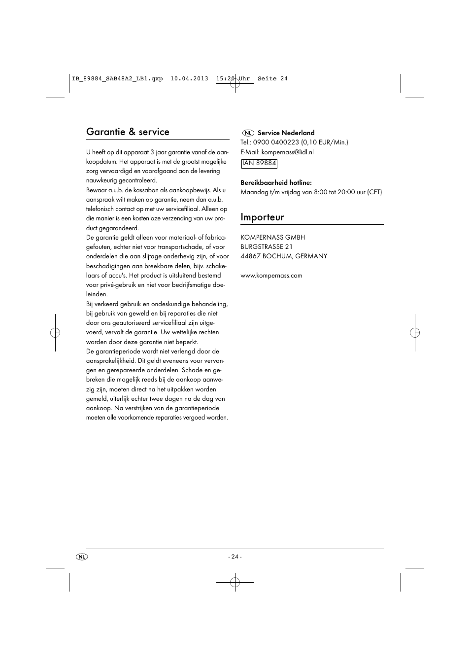 Garantie & service, Importeur | Silvercrest SAB 4.8 A2 User Manual | Page 27 / 33