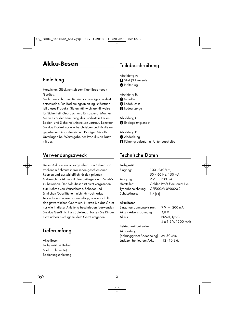 Akku-besen, Einleitung, Verwendungszweck | Lieferumfang, Teilebeschreibung, Technische daten | Silvercrest SAB 4.8 A2 User Manual | Page 5 / 33