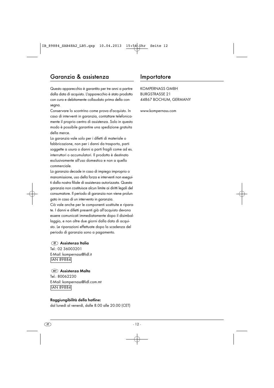 Garanzia & assistenza, Importatore | Silvercrest SAB 4.8 A2 User Manual | Page 15 / 34