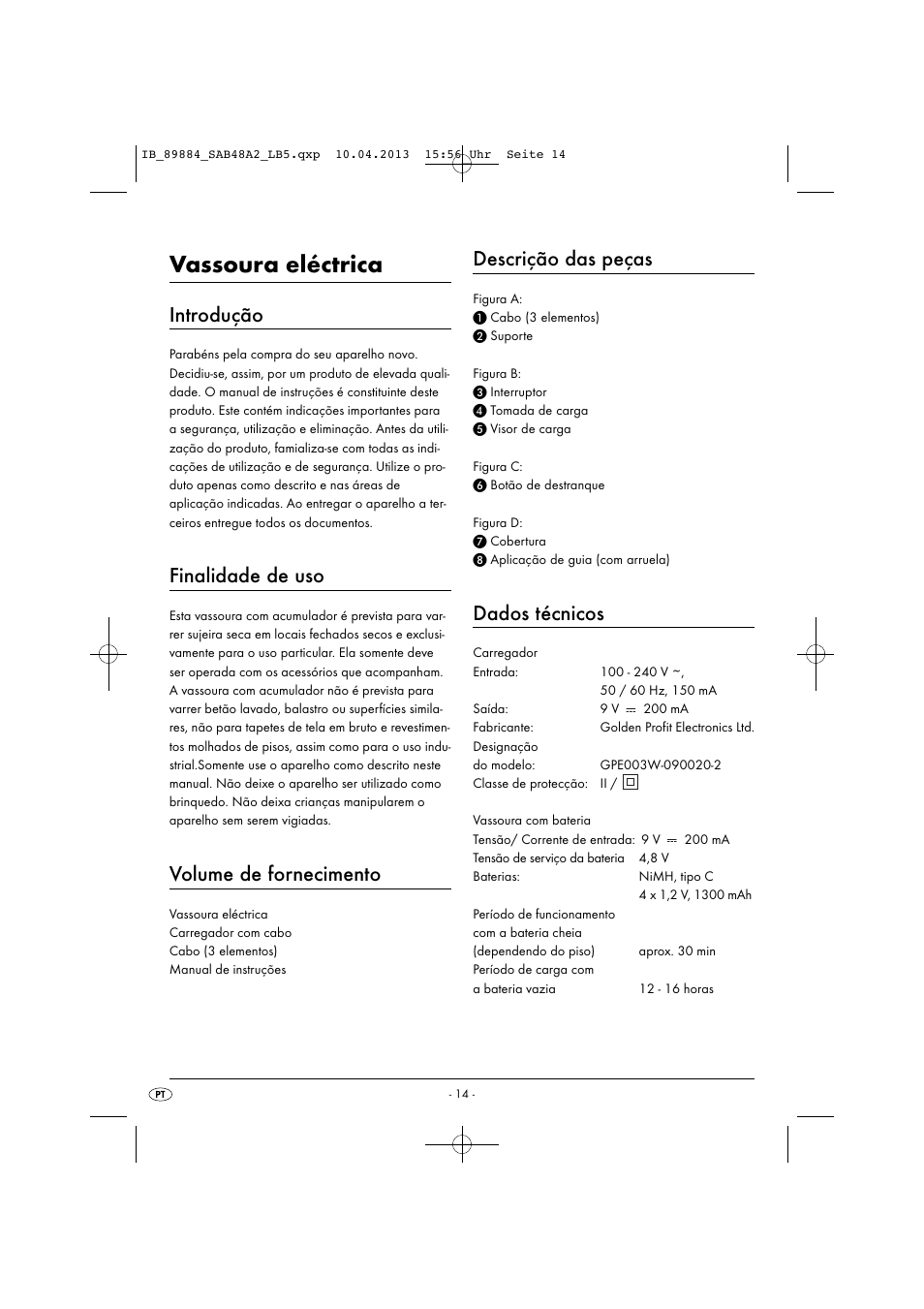 Vassoura eléctrica, Introdução, Finalidade de uso | Volume de fornecimento, Descrição das peças, Dados técnicos | Silvercrest SAB 4.8 A2 User Manual | Page 17 / 34