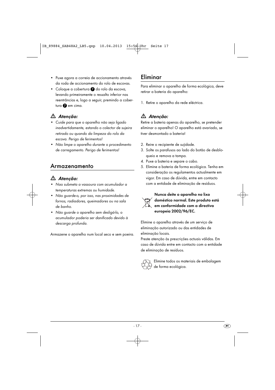 Armazenamento, Eliminar, Atenção | Silvercrest SAB 4.8 A2 User Manual | Page 20 / 34