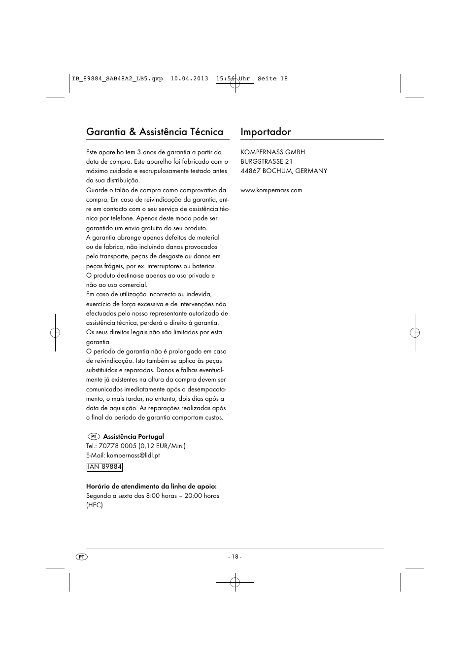 Garantia & assistência técnica, Importador | Silvercrest SAB 4.8 A2 User Manual | Page 21 / 34