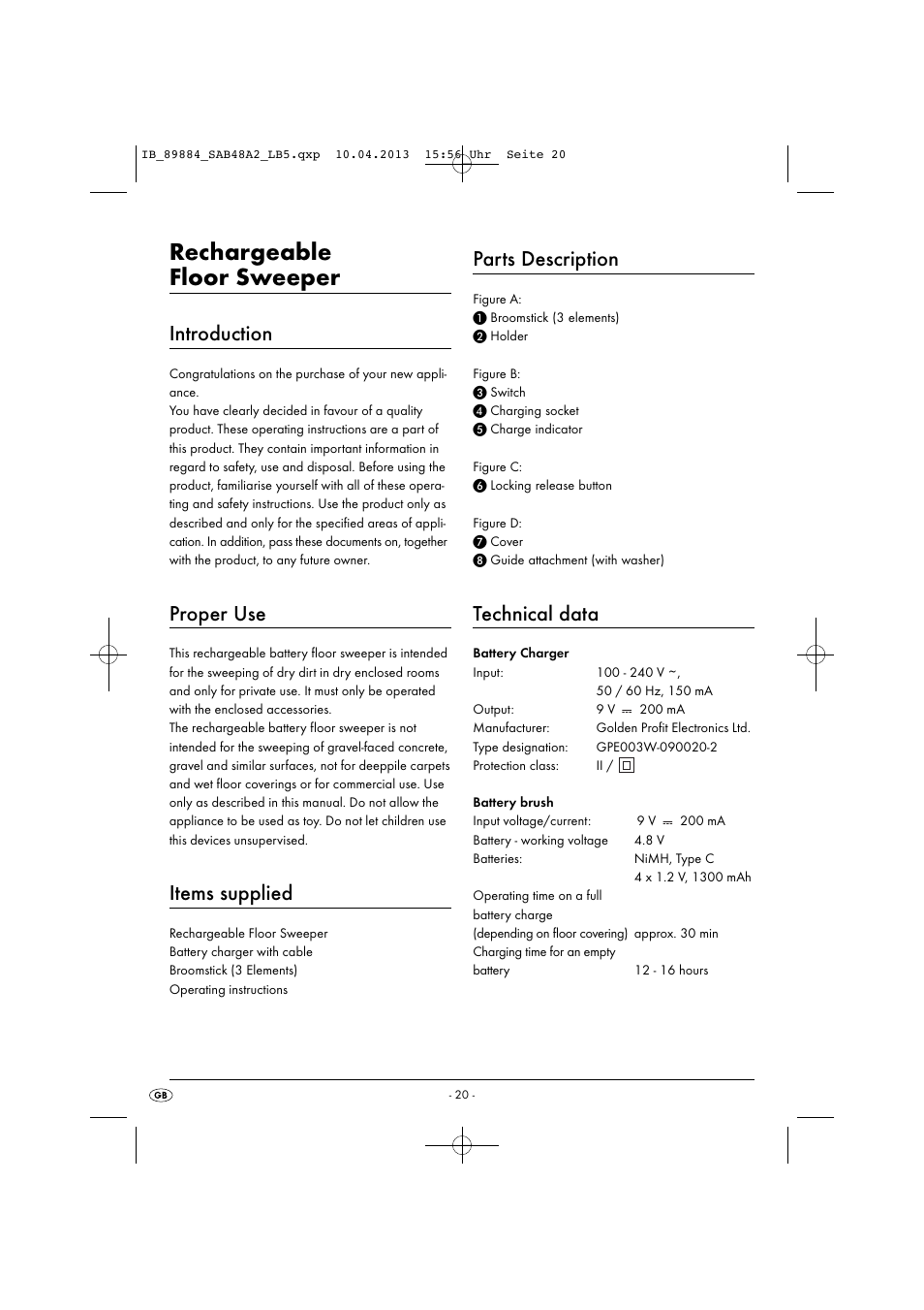 Rechargeable floor sweeper, Introduction, Proper use | Items supplied, Parts description, Technical data | Silvercrest SAB 4.8 A2 User Manual | Page 23 / 34