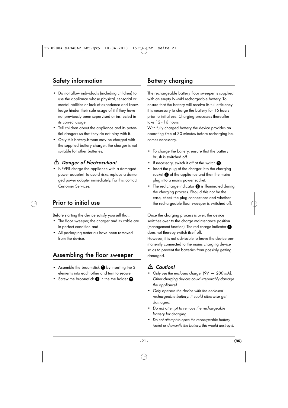 Safety information, Prior to initial use, Assembling the floor sweeper | Battery charging, Danger of electrocution, Caution | Silvercrest SAB 4.8 A2 User Manual | Page 24 / 34