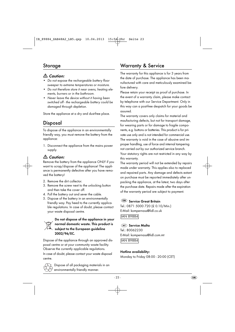 Storage, Disposal, Warranty & service | Caution | Silvercrest SAB 4.8 A2 User Manual | Page 26 / 34