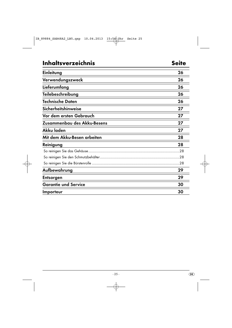 Inhaltsverzeichnis seite | Silvercrest SAB 4.8 A2 User Manual | Page 28 / 34
