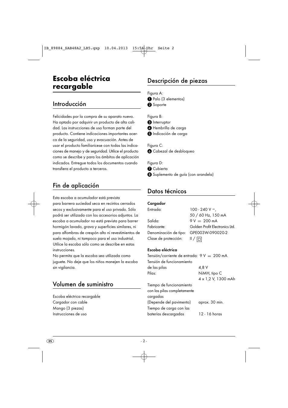 Escoba eléctrica recargable, Introducción, Fin de aplicación | Volumen de suministro, Descripción de piezas, Datos técnicos | Silvercrest SAB 4.8 A2 User Manual | Page 5 / 34