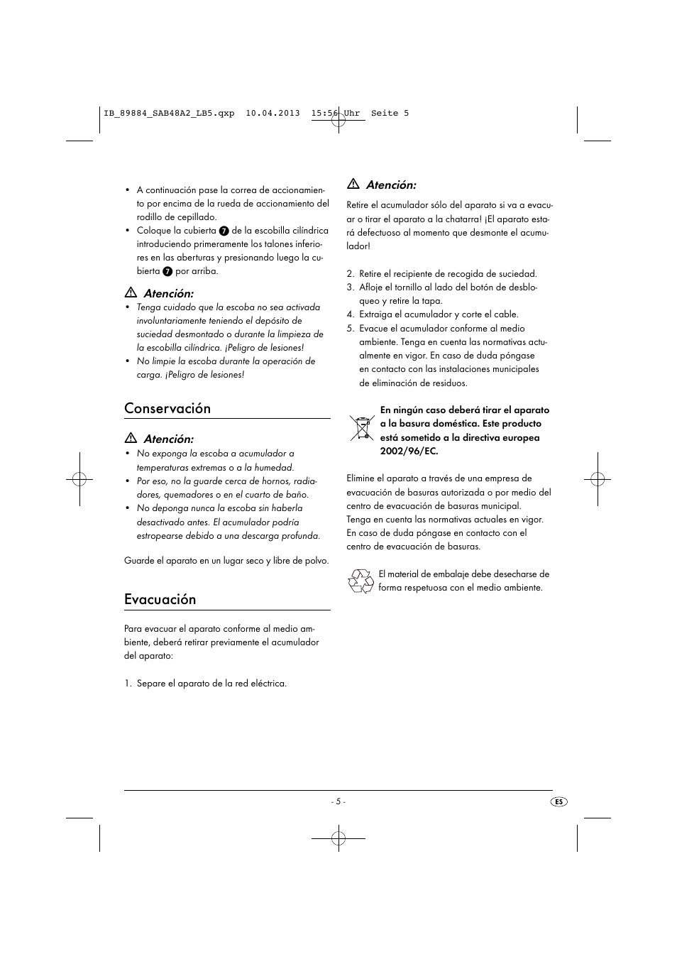 Conservación, Evacuación, Atención | Silvercrest SAB 4.8 A2 User Manual | Page 8 / 34
