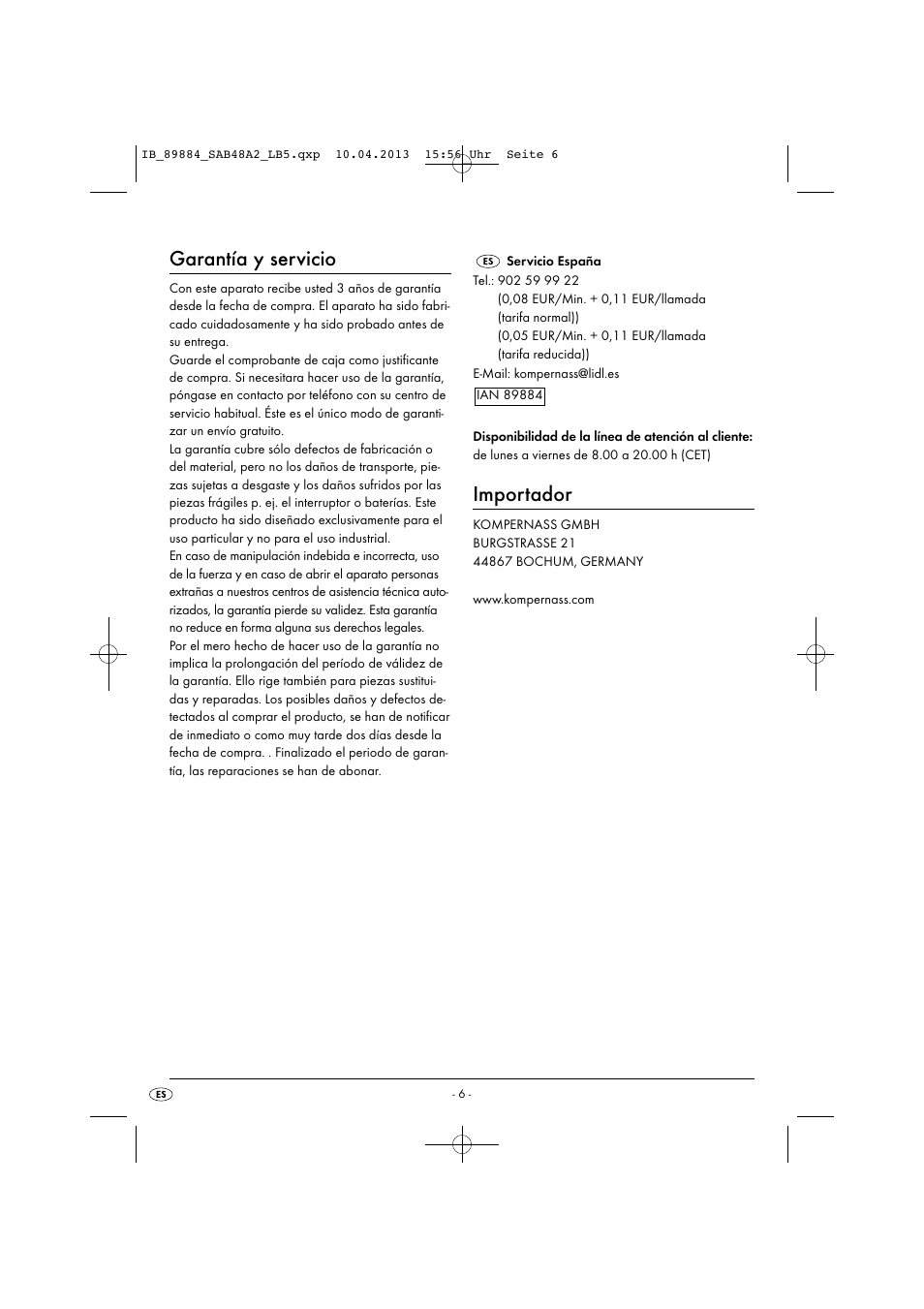 Garantía y servicio, Importador | Silvercrest SAB 4.8 A2 User Manual | Page 9 / 34