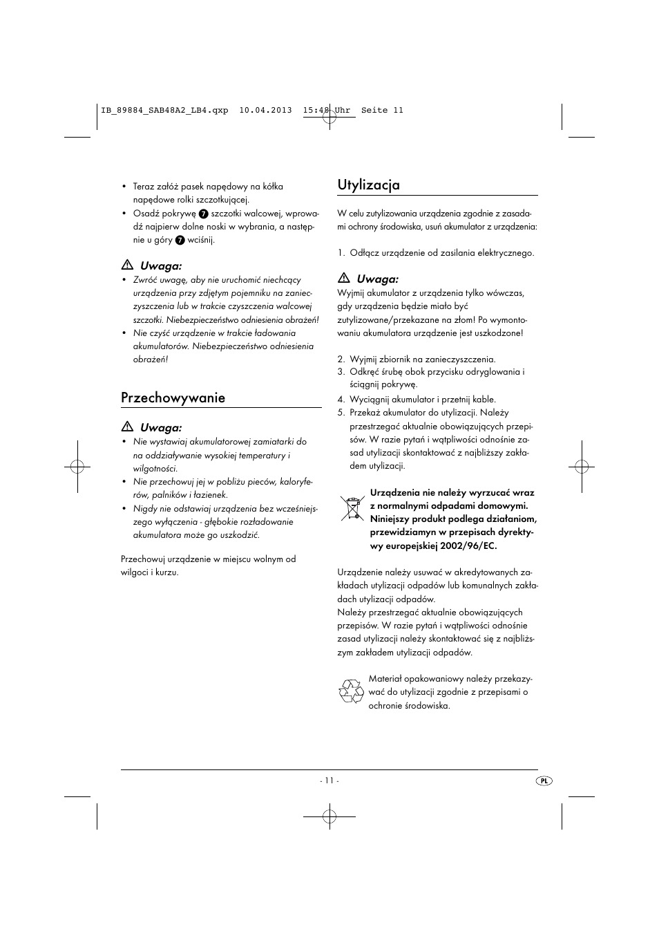 Przechowywanie, Utylizacja, Uwaga | Silvercrest SAB 4.8 A2 User Manual | Page 14 / 46