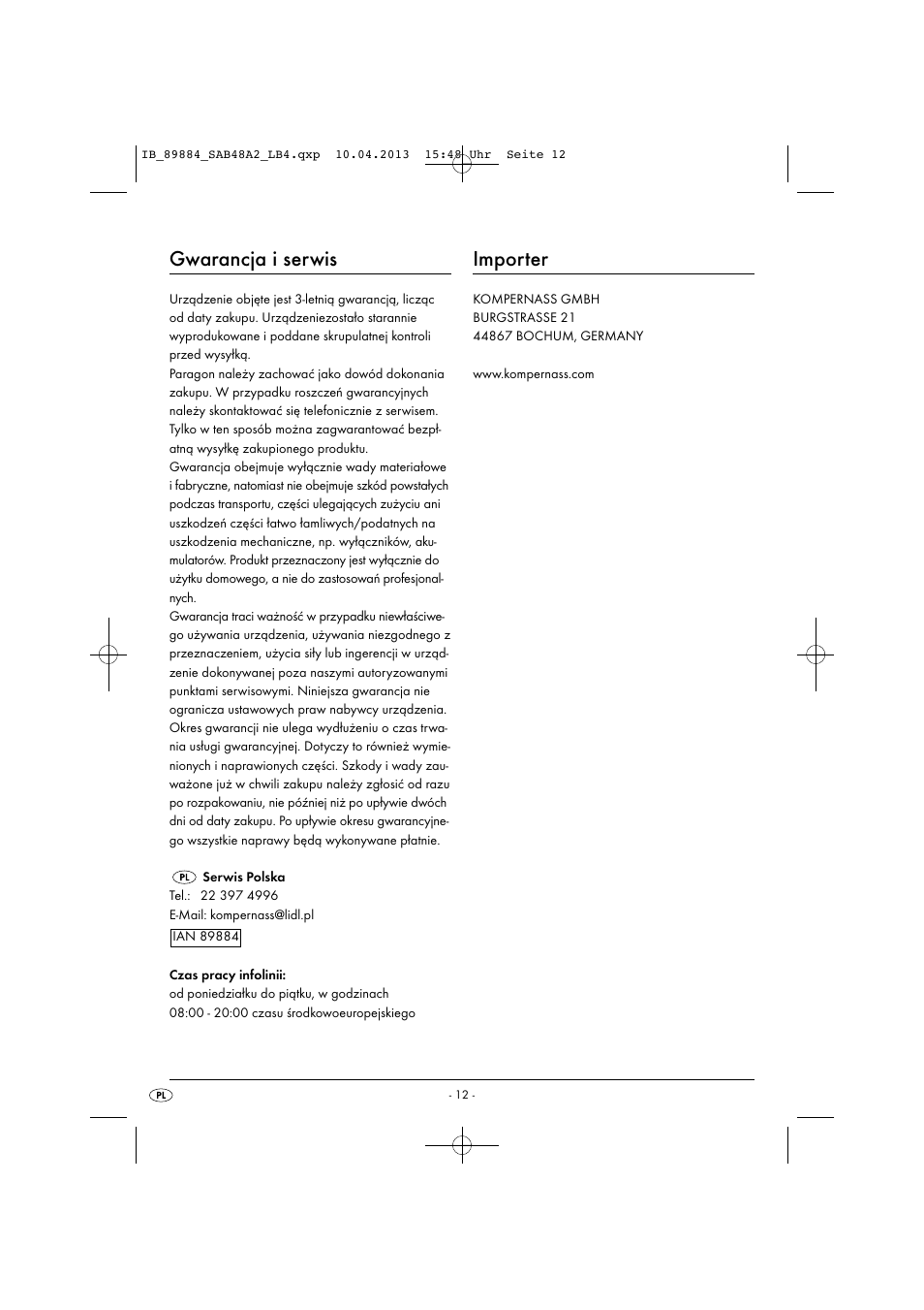 Gwarancja i serwis, Importer | Silvercrest SAB 4.8 A2 User Manual | Page 15 / 46