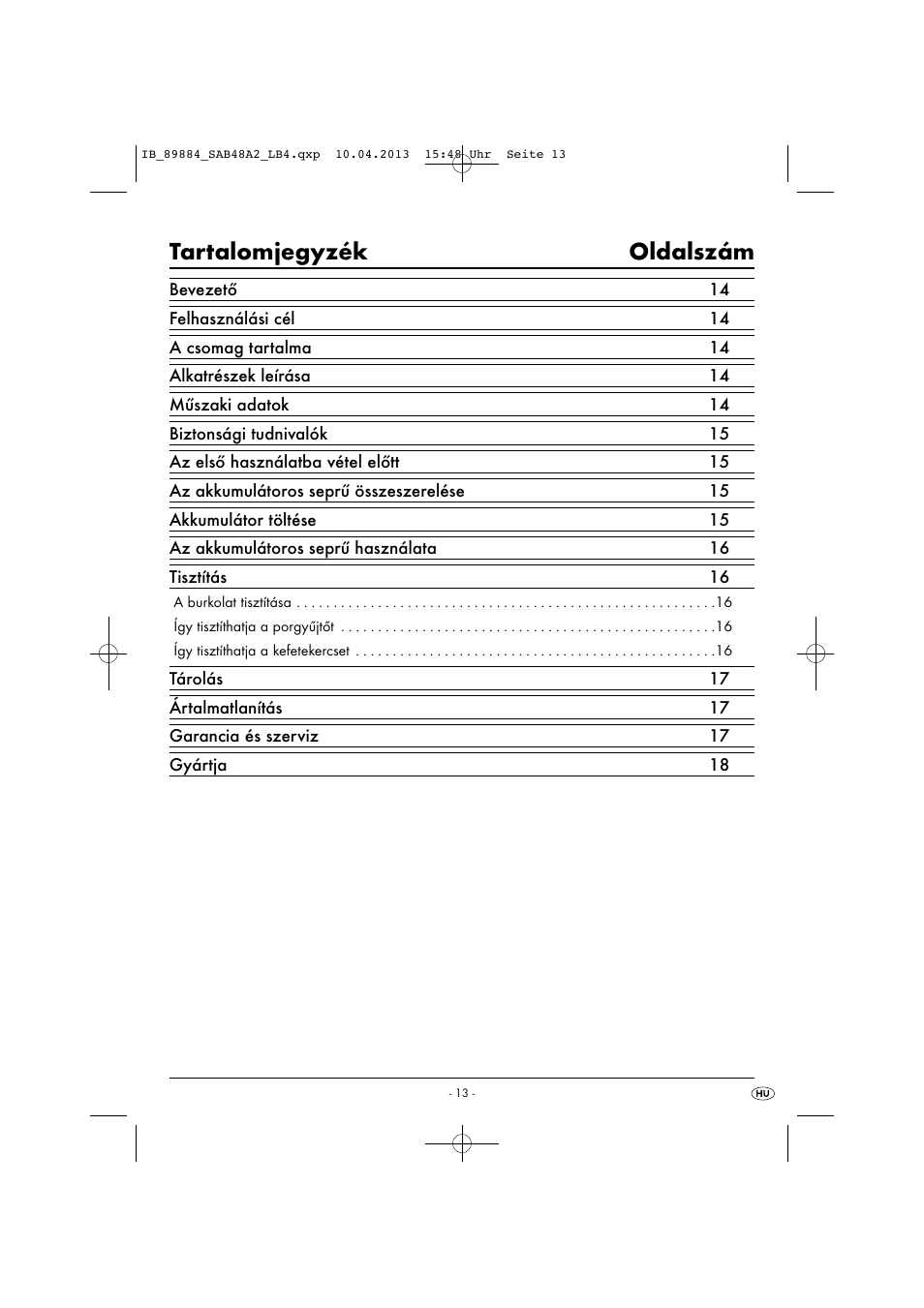 Tartalomjegyzék oldalszám | Silvercrest SAB 4.8 A2 User Manual | Page 16 / 46