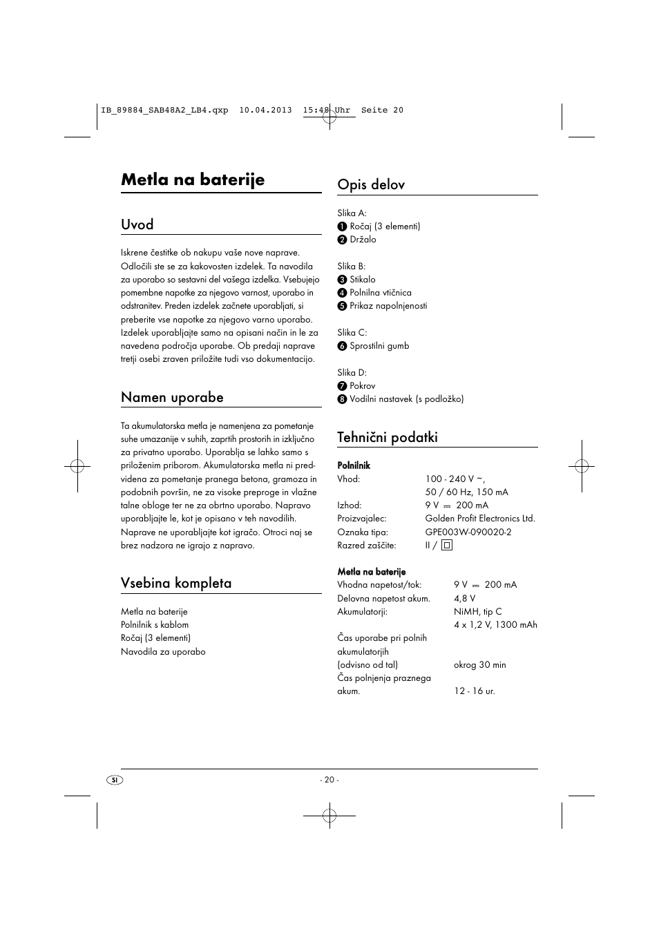 Metla na baterije, Uvod, Namen uporabe | Vsebina kompleta, Opis delov, Tehnični podatki | Silvercrest SAB 4.8 A2 User Manual | Page 23 / 46