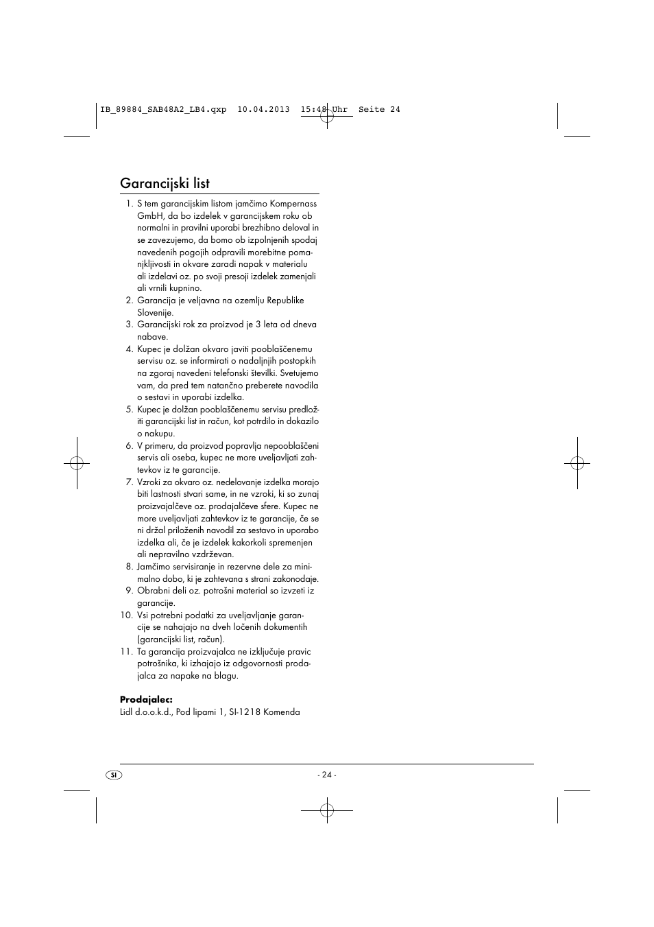 Garancijski list | Silvercrest SAB 4.8 A2 User Manual | Page 27 / 46