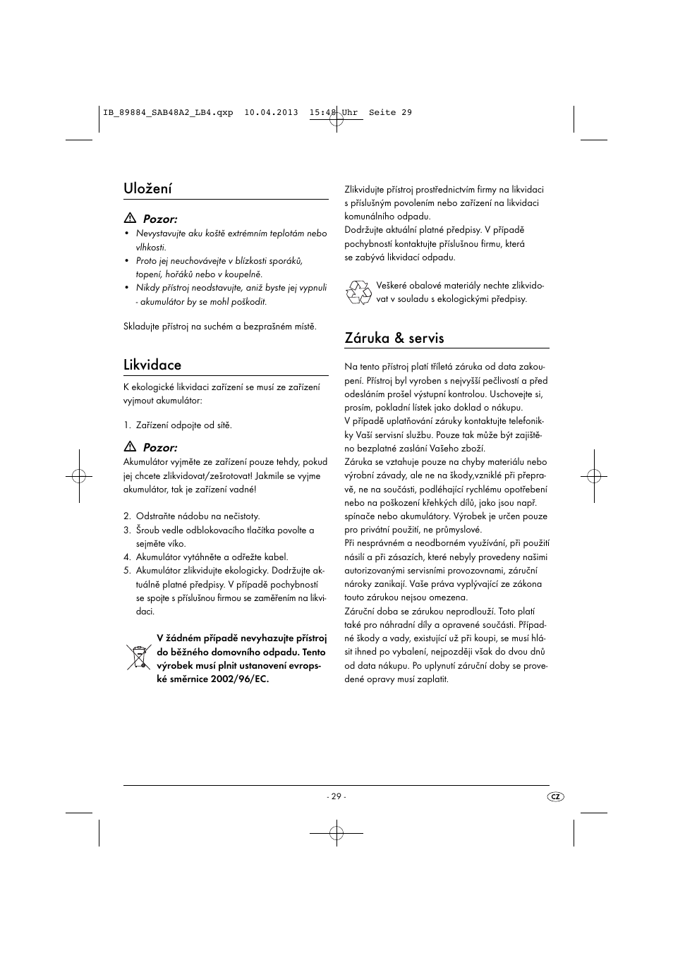 Uložení, Likvidace, Záruka & servis | Silvercrest SAB 4.8 A2 User Manual | Page 32 / 46