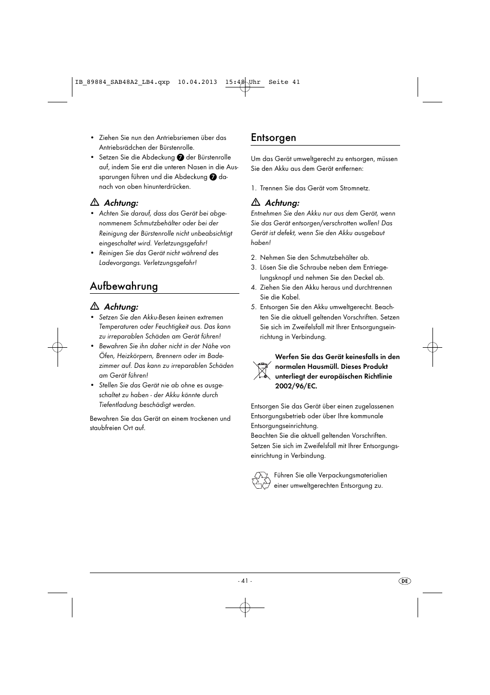 Aufbewahrung, Entsorgen, Achtung | Silvercrest SAB 4.8 A2 User Manual | Page 44 / 46