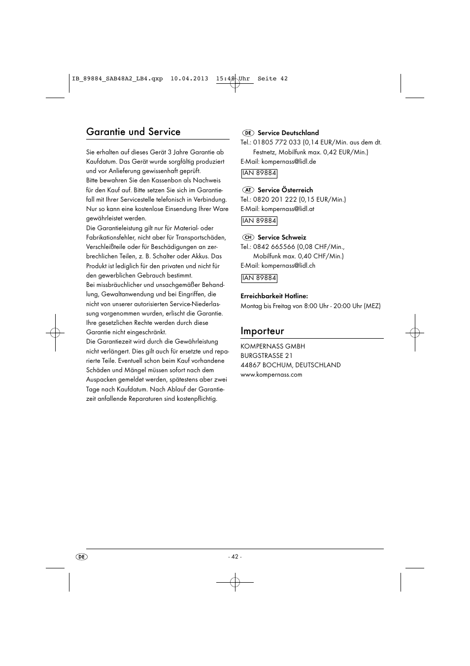 Garantie und service, Importeur | Silvercrest SAB 4.8 A2 User Manual | Page 45 / 46