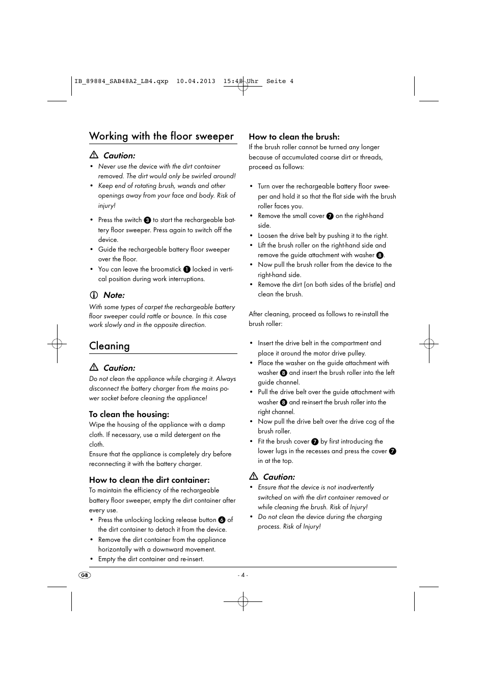 Working with the floor sweeper, Cleaning, Caution | How to clean the dirt container, How to clean the brush | Silvercrest SAB 4.8 A2 User Manual | Page 7 / 46