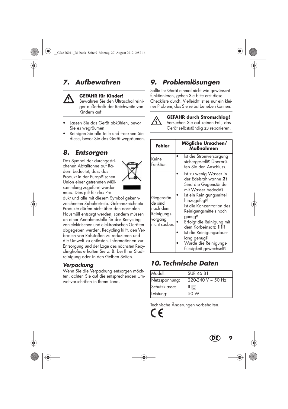 Aufbewahren, Entsorgen, Problemlösungen | Technische daten | Silvercrest SUR 46 B1 User Manual | Page 11 / 54