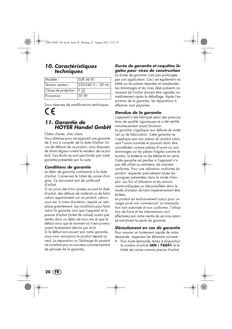 Caractéristiques techniques, Garantie de hoyer handel gmbh | Silvercrest SUR 46 B1 User Manual | Page 22 / 54