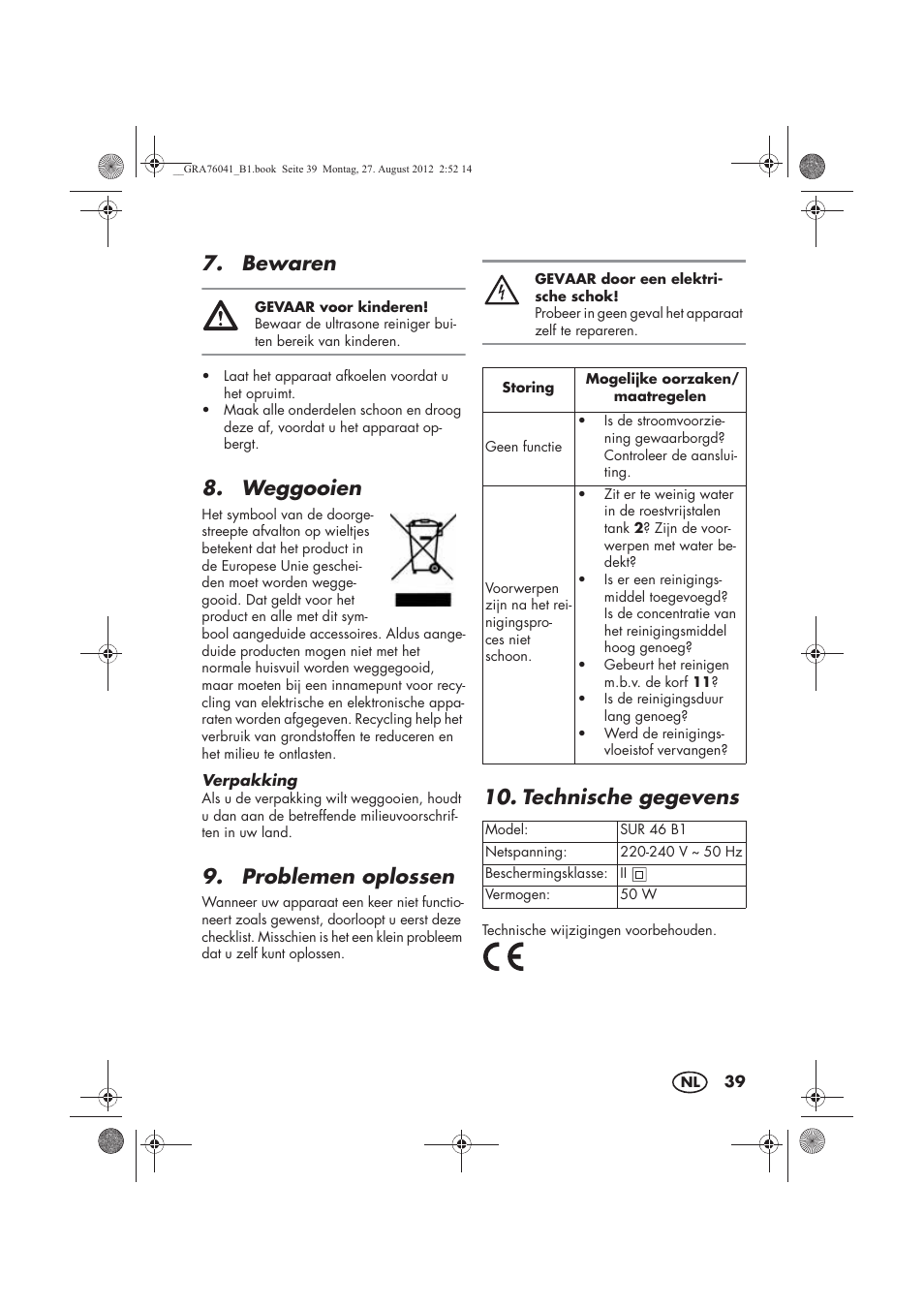 Bewaren, Weggooien, Problemen oplossen | Technische gegevens | Silvercrest SUR 46 B1 User Manual | Page 41 / 54