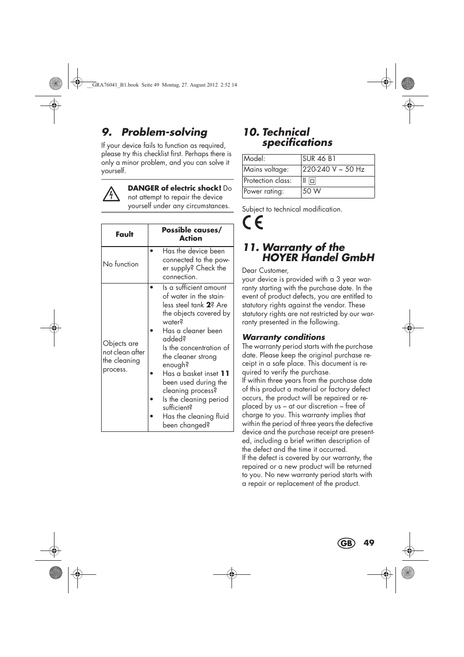 Problem-solving, Technical specifications, Warranty of the hoyer handel gmbh | Silvercrest SUR 46 B1 User Manual | Page 51 / 54