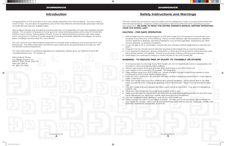 Introduction safety instructions and warnings | Diamondback 500Ub User Manual | Page 2 / 19