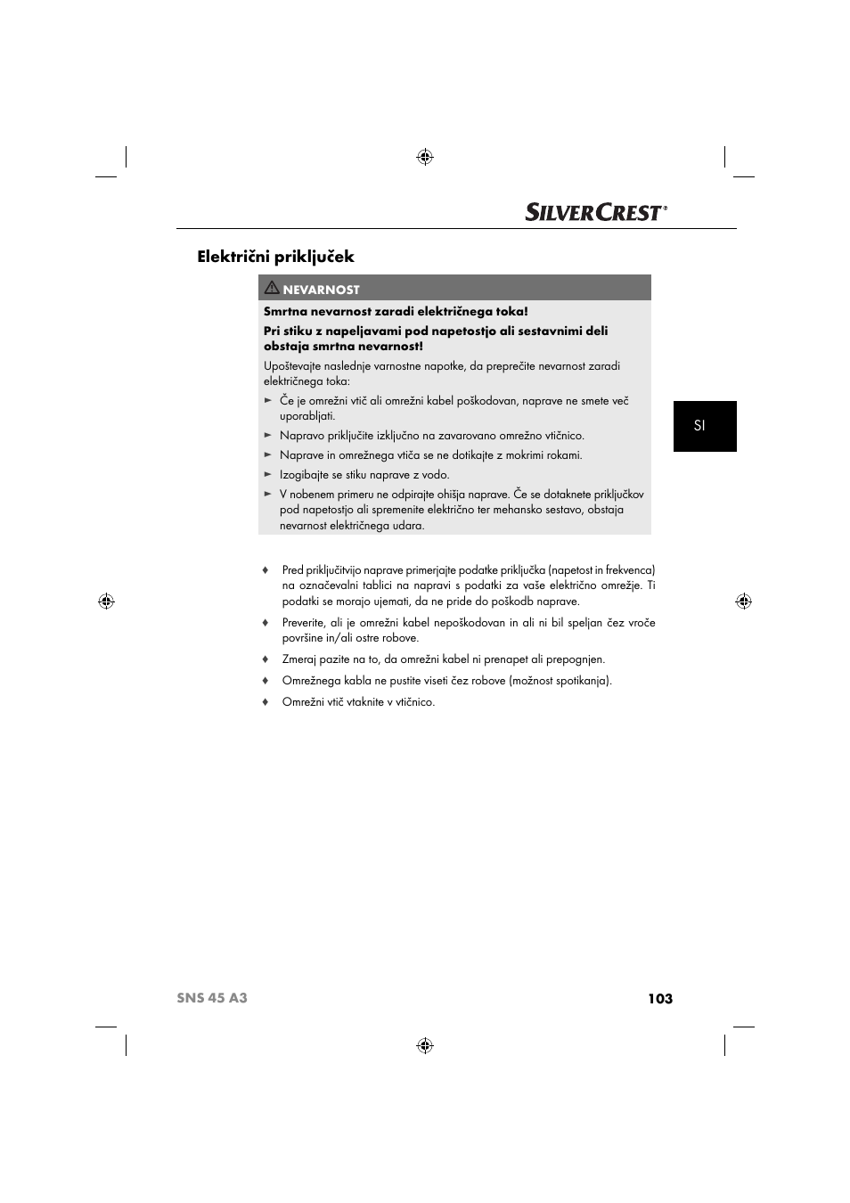 Električni priključek | Silvercrest SNS 45 A3 User Manual | Page 106 / 214