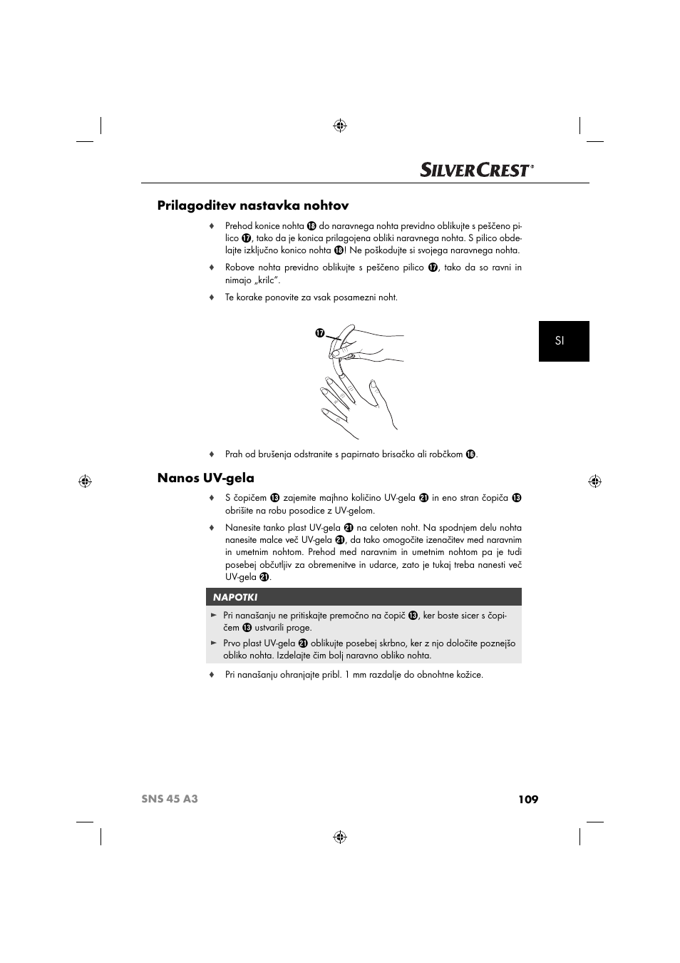 Prilagoditev nastavka nohtov, Nanos uv-gela | Silvercrest SNS 45 A3 User Manual | Page 112 / 214