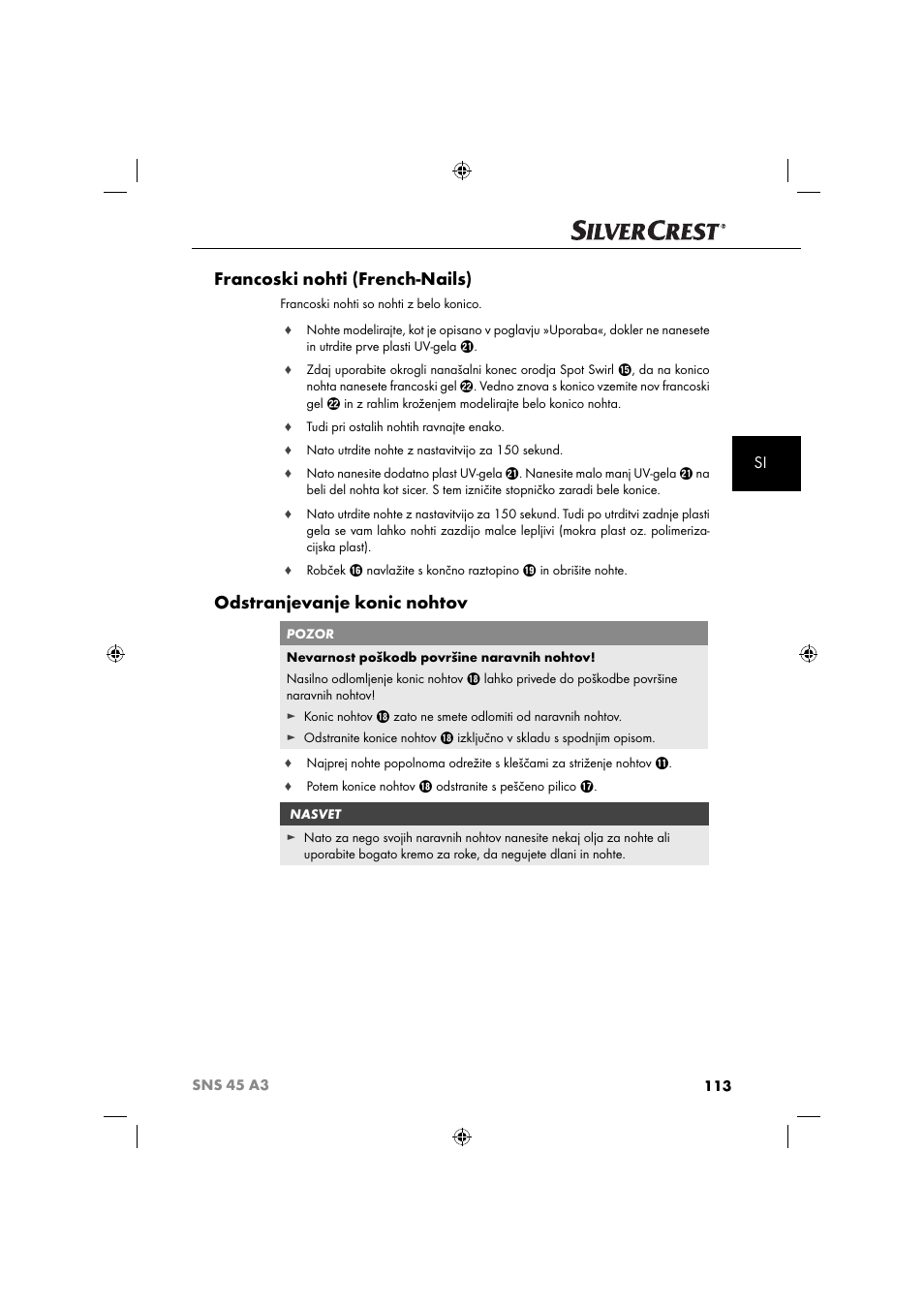 Francoski nohti (french-nails), Odstranjevanje konic nohtov | Silvercrest SNS 45 A3 User Manual | Page 116 / 214