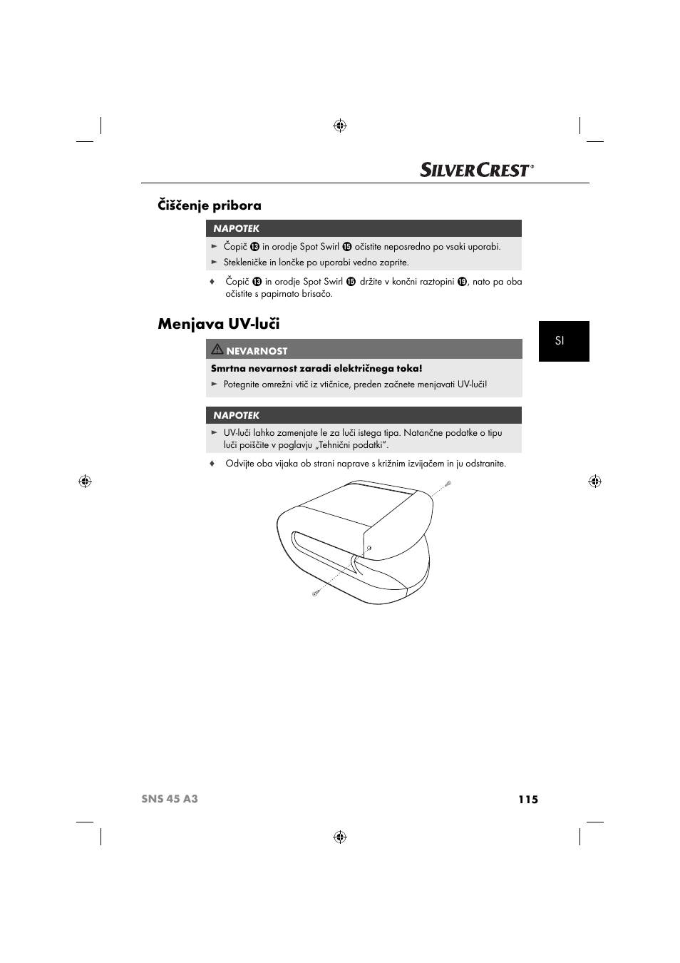 Menjava uv-luči, Čiščenje pribora | Silvercrest SNS 45 A3 User Manual | Page 118 / 214