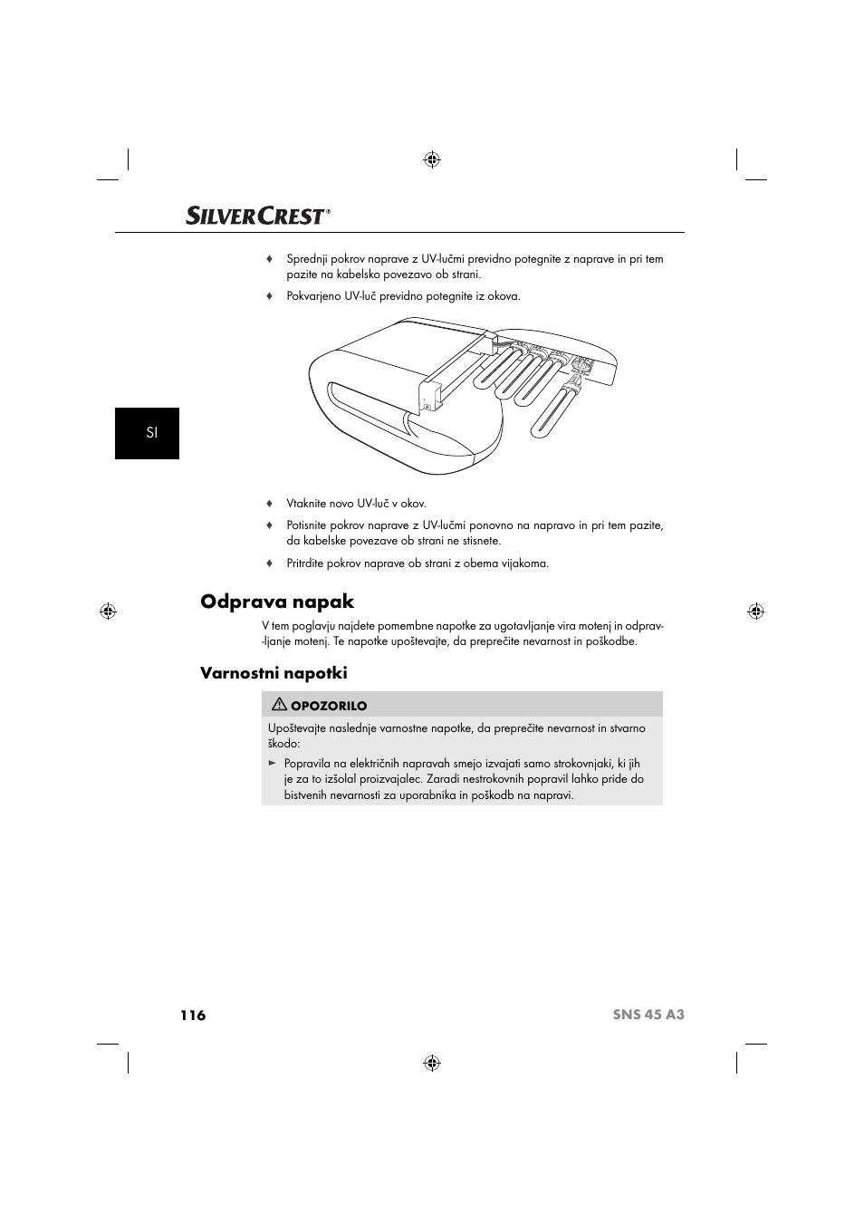 Odprava napak, Varnostni napotki | Silvercrest SNS 45 A3 User Manual | Page 119 / 214