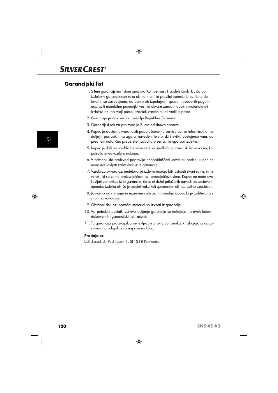 Garancijski list | Silvercrest SNS 45 A3 User Manual | Page 123 / 214