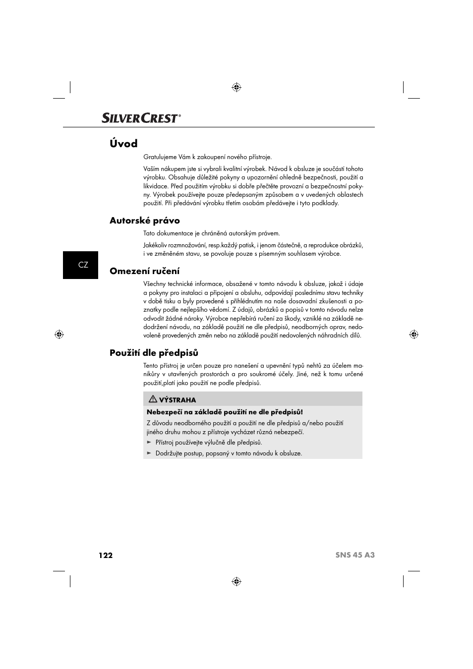 Úvod, Autorské právo, Omezení ručení | Použití dle předpisů | Silvercrest SNS 45 A3 User Manual | Page 125 / 214