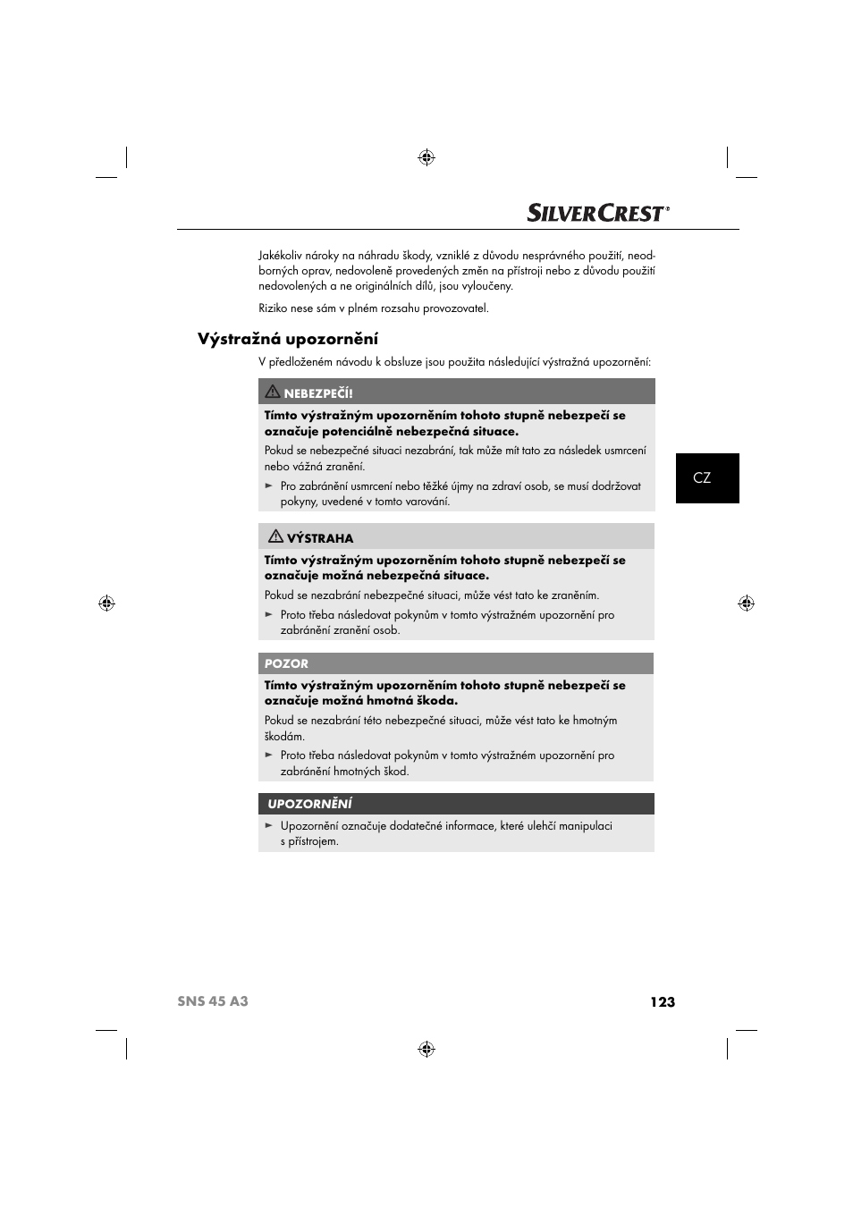 Výstražná upozornění | Silvercrest SNS 45 A3 User Manual | Page 126 / 214