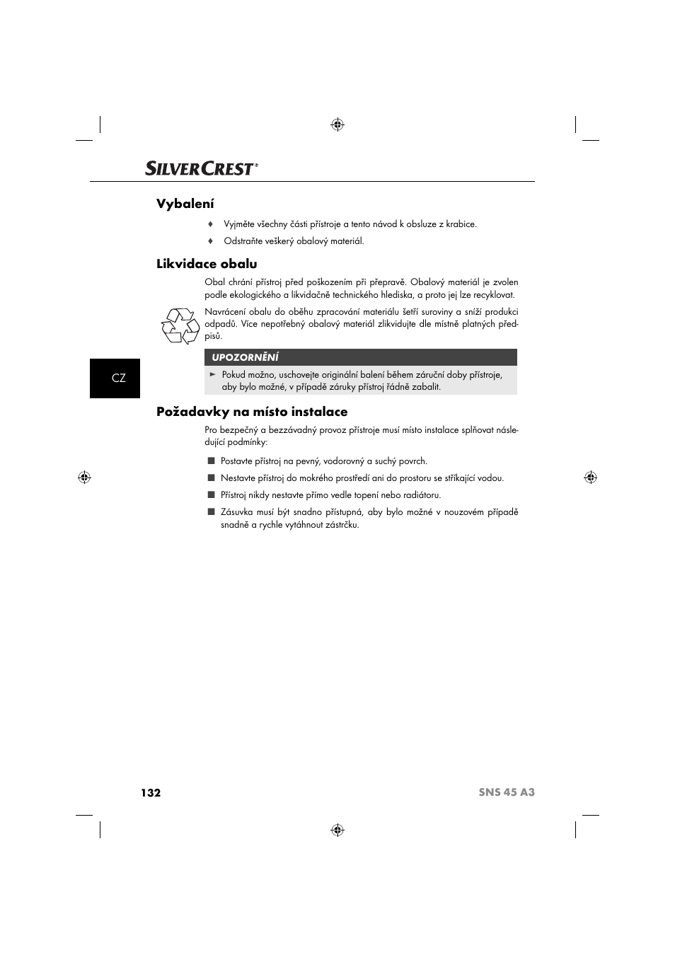 Vybalení, Likvidace obalu, Požadavky na místo instalace | Silvercrest SNS 45 A3 User Manual | Page 135 / 214