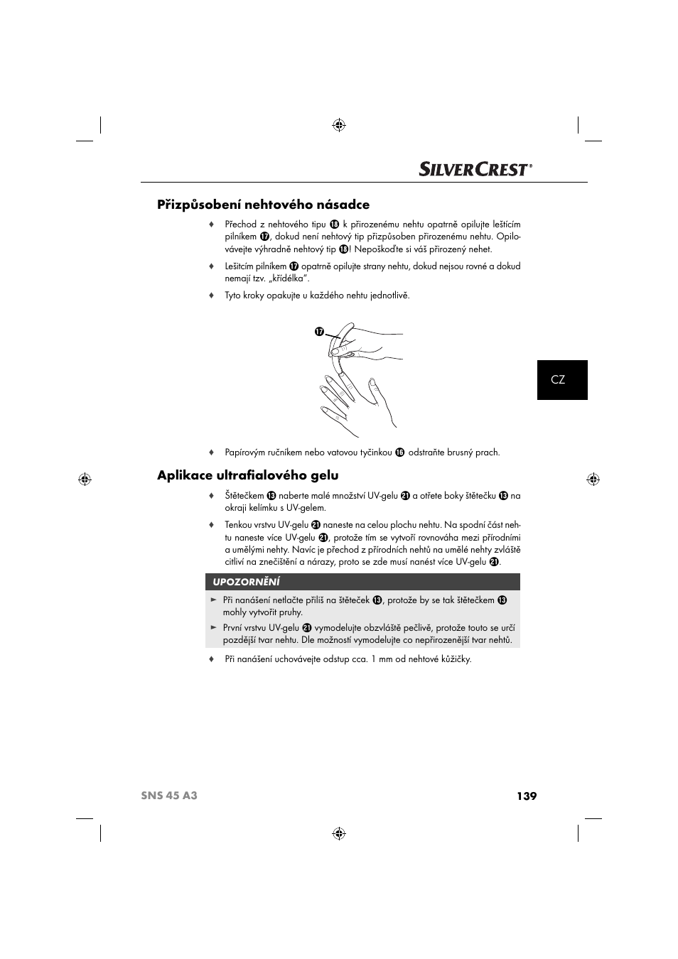 Přizpůsobení nehtového násadce, Aplikace ultraﬁ alového gelu | Silvercrest SNS 45 A3 User Manual | Page 142 / 214