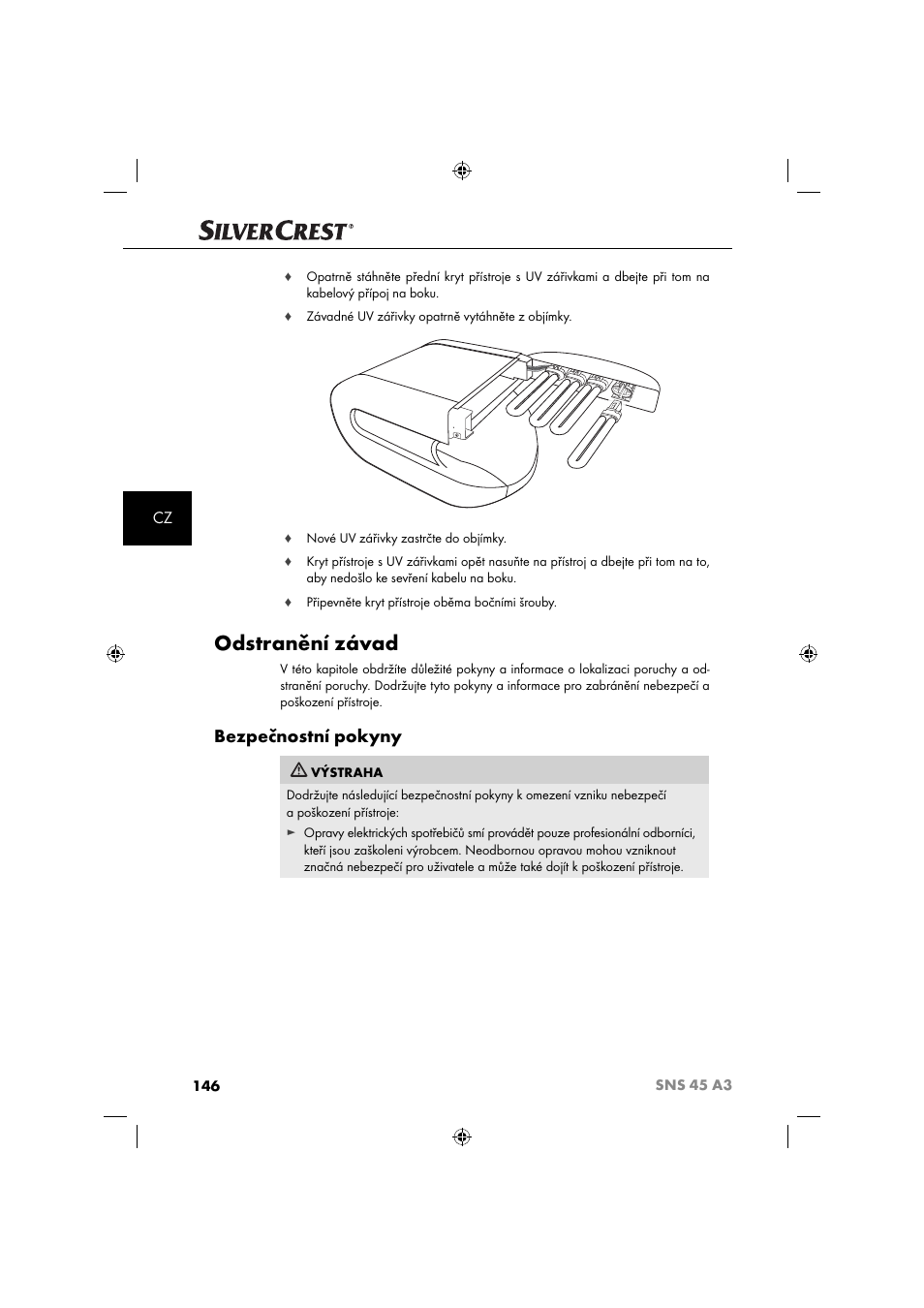 Odstranění závad, Bezpečnostní pokyny | Silvercrest SNS 45 A3 User Manual | Page 149 / 214