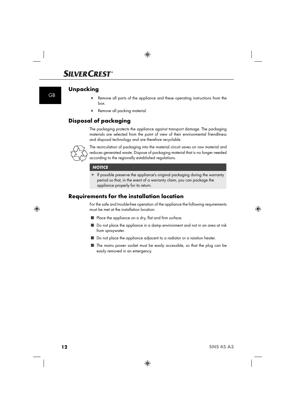 Unpacking, Disposal of packaging, Requirements for the installation location | Silvercrest SNS 45 A3 User Manual | Page 15 / 214