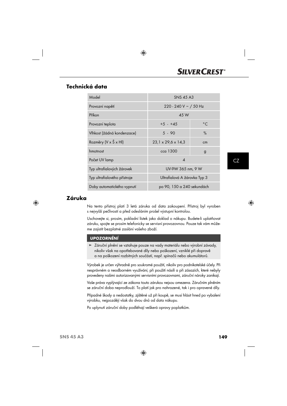 Technická data, Záruka | Silvercrest SNS 45 A3 User Manual | Page 152 / 214