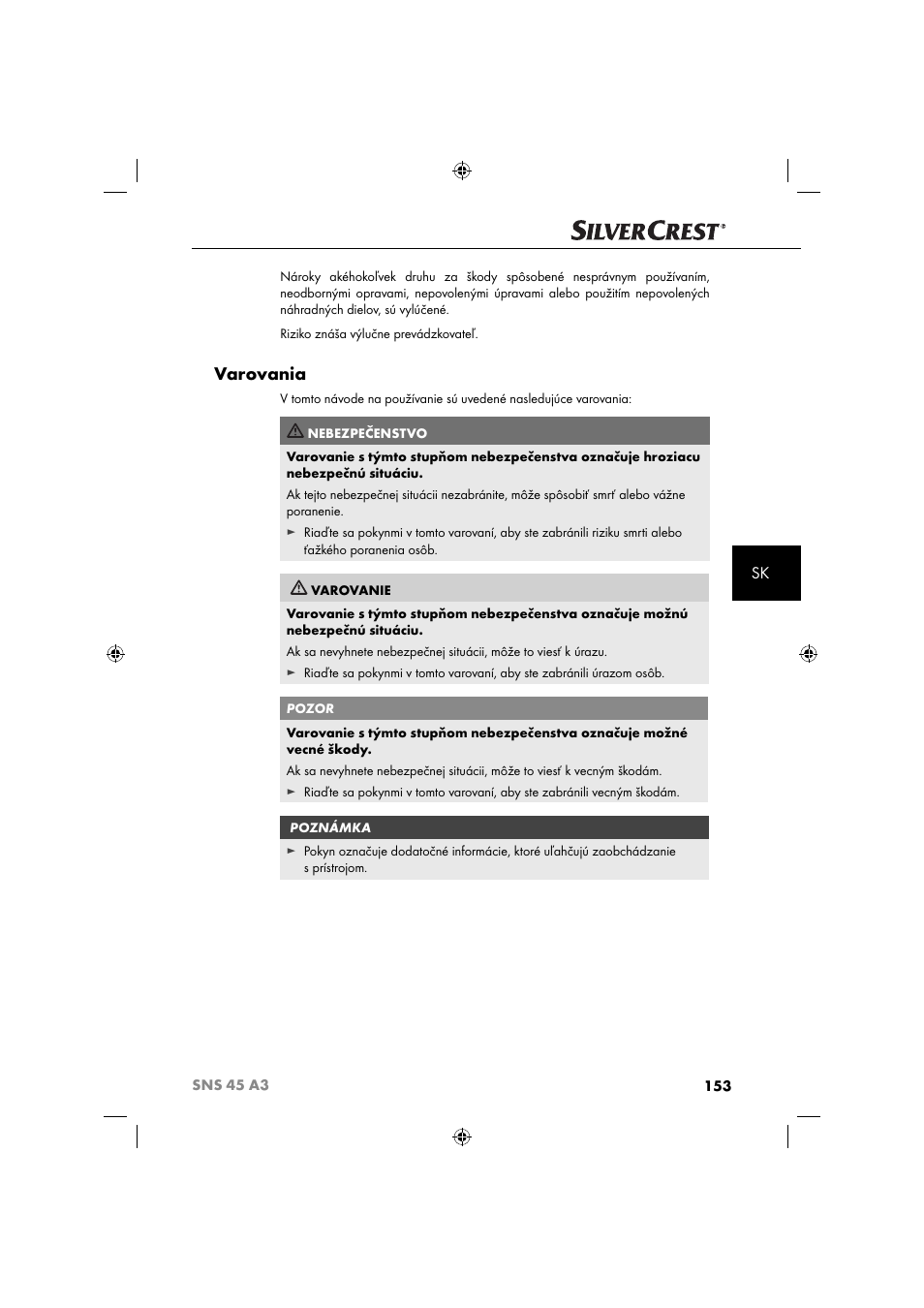 Varovania | Silvercrest SNS 45 A3 User Manual | Page 156 / 214