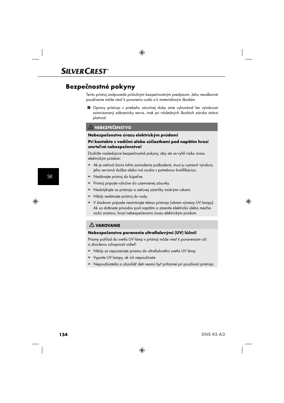 Bezpečnostné pokyny | Silvercrest SNS 45 A3 User Manual | Page 157 / 214