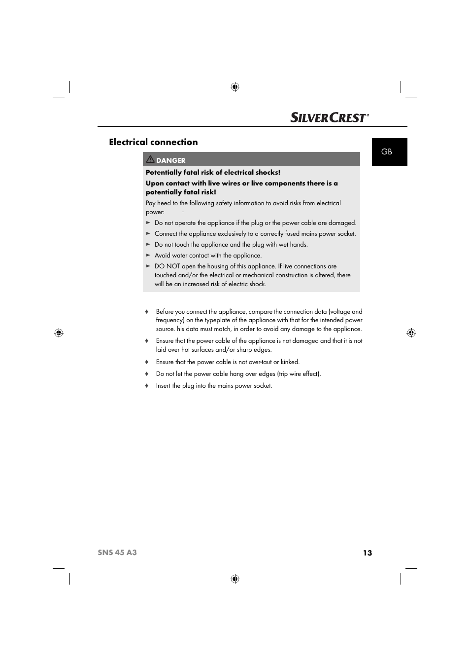 Electrical connection | Silvercrest SNS 45 A3 User Manual | Page 16 / 214