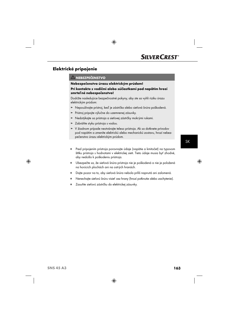 Elektrické pripojenie | Silvercrest SNS 45 A3 User Manual | Page 166 / 214