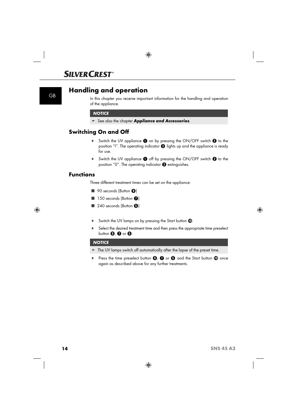 Handling and operation, Switching on and oﬀ, Functions | Silvercrest SNS 45 A3 User Manual | Page 17 / 214