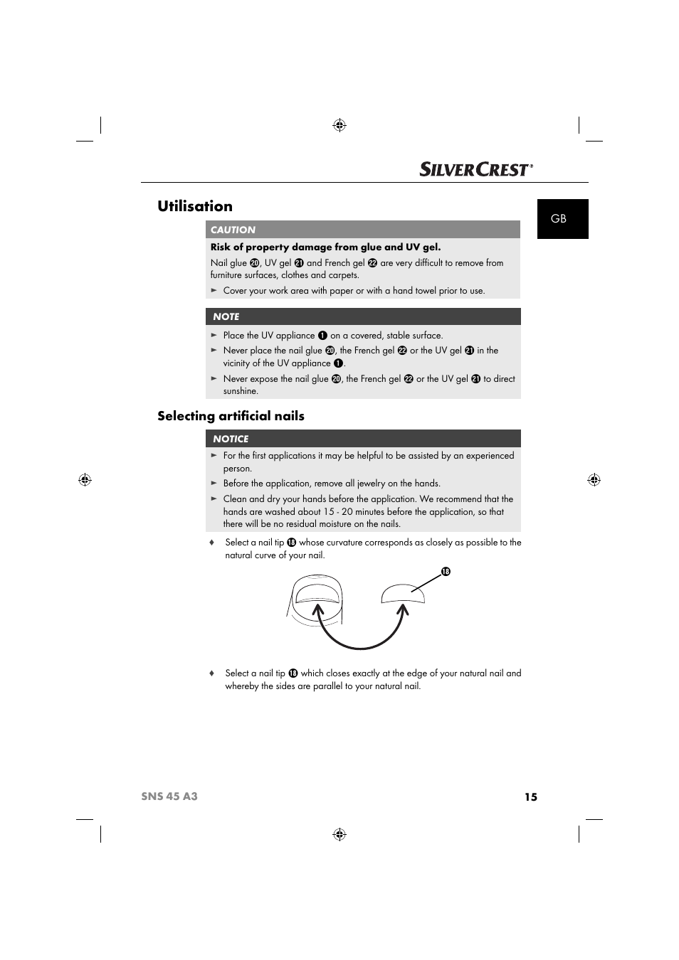 Utilisation, Selecting artiﬁ cial nails | Silvercrest SNS 45 A3 User Manual | Page 18 / 214