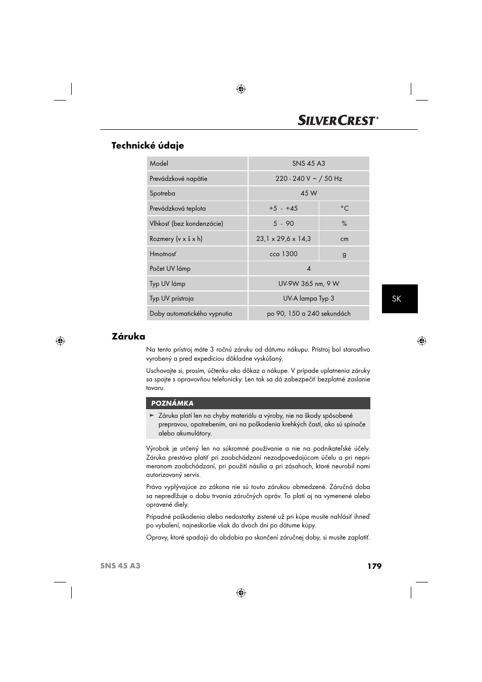 Technické údaje, Záruka | Silvercrest SNS 45 A3 User Manual | Page 182 / 214