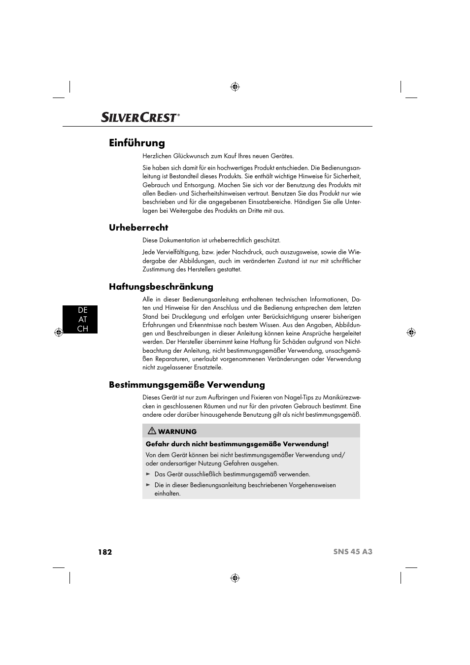 Einführung, Urheberrecht, Haftungsbeschränkung | Bestimmungsgemäße verwendung, De at ch | Silvercrest SNS 45 A3 User Manual | Page 185 / 214